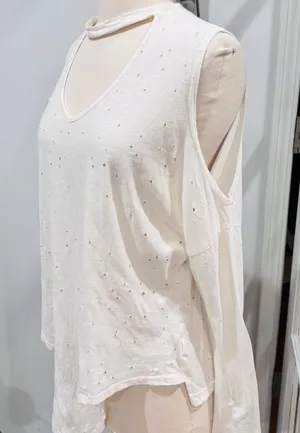Poof! Distressed Ecru/ Off White Choker Cold-Shoulder Tie-Front Top thumbnail 2
