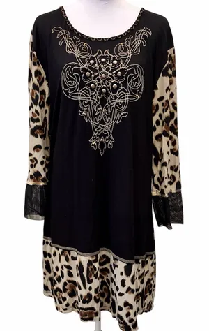 Studio X Y2K Leopard Beaded Embellished Tunic Top Shirt Black Large Boho thumbnail 1
