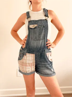 Vintage lei Blue Denim Short Overalls with Pink Plaid Patchwork Pockets thumbnail 5