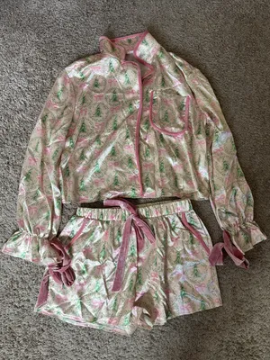 Satin Christmas Bow Pajama Set with Pink Velvet Trim / J5 thumbnail 1