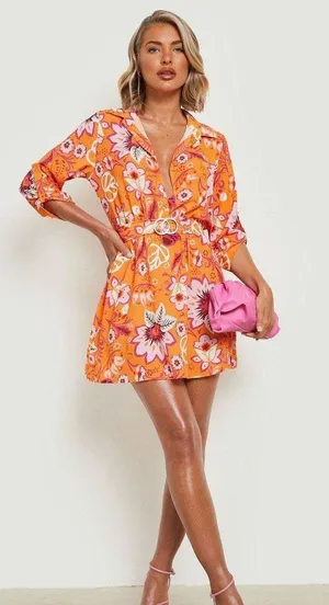 Boohoo Floral Print Belted Shirt Dress Hippie Vintage 70’s thumbnail 1