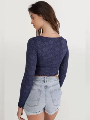 OFFLINE by Aerie Treat Yourself Navy Floral Eyelet Lace Crop Long Sleeve Top M thumbnail 2