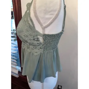 rue21 Fairycore Sage Lace Babydoll Cami Top Smocked Back Cross Straps Large thumbnail 2