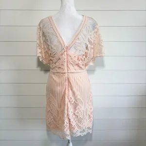 Boohoo Peach Lace Mini Dress Size‎ 10 V-Neck Sheer Sleeve Romantic thumbnail 4