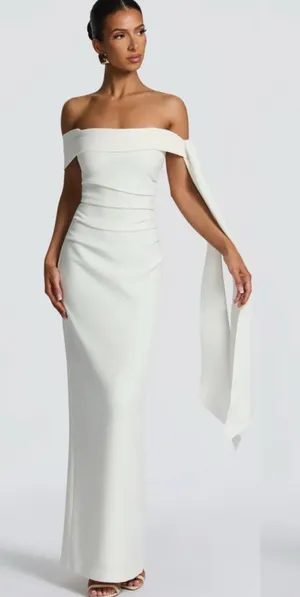 BABYBOO Addie Off Shoulder Ruched Ivory Crepe Maxi Dress thumbnail 1