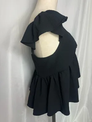 Urban Outfitters Y2K Sierra Black Keyhole Babydoll Ruffle Peplum Crop Blouse L thumbnail 6