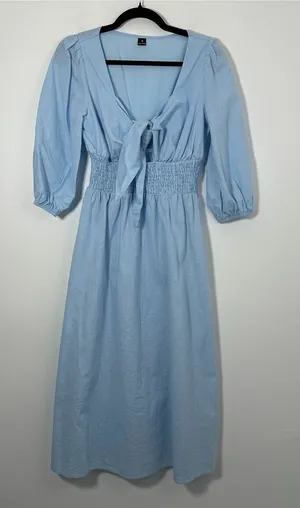 SHEIN Women’s Blue Tie Front Smocked Waist Midi Dress Size Medium 100% Cotton thumbnail 1