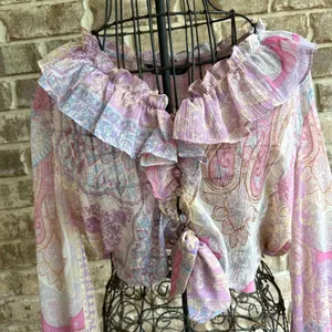 Ruffled Knotted Crop Top Blouse Medium Paisley Abstract Gold Color … thumbnail 2
