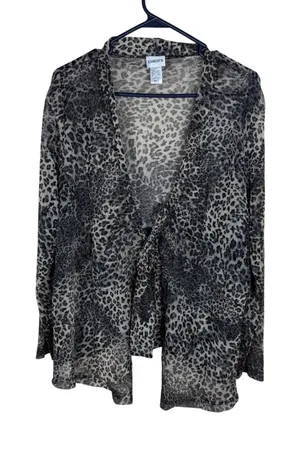 Chico's Metallic Leopard Print Sheer Mesh Tie Front Cardigan Gray Black Size XL thumbnail 1