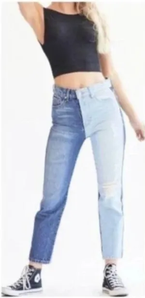 REVICE Two-Tone Yin Yang Distressed‎ Denim High Rise Straight Jeans Size 24 thumbnail 1
