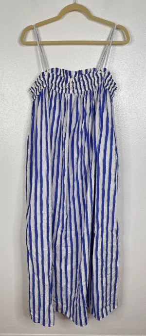 Madewell Blue White Striped Cotton Smocked Midi Dress Pockets NR102 Womens Large thumbnail 1