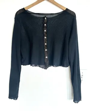 Vintage Y2K Sheer Mesh Black Cropped Cardigan Top Lettuce Hem Vamp Goth Witchy thumbnail 1