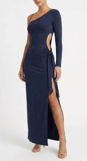 Naked Wardrobe Mens One Shoulder Maxi Dress Navy Blue Long Sleeve Side Tie S thumbnail 1