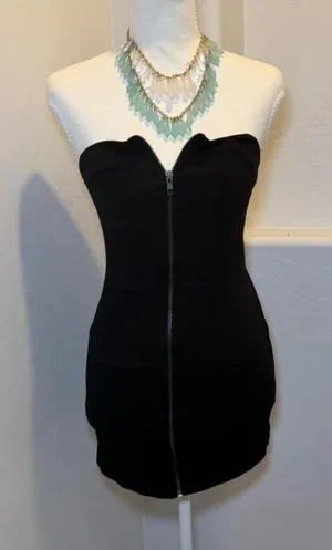 Black Strapless Mini Dress Womens Small Zip Front Bodycon Stretch Tube Dress thumbnail 1