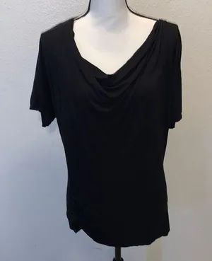 Black stretchy cowl neck ruched side short sleeve shirt thumbnail 1