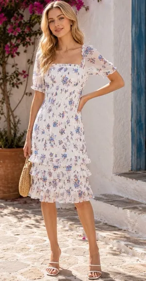 Abercrombie & Fitch Smocked Puff Sleeve Midi Dress Floral Coquette Cottagecore L thumbnail 1