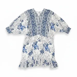 Lulus Blue and White Floral Toile Print Ruffled Mini Dress Large NWT Boho V-Neck thumbnail 3