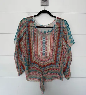 Boston Proper Women’s XS Aztec Patterned Tie Front Blouse Top Lightweight thumbnail 1