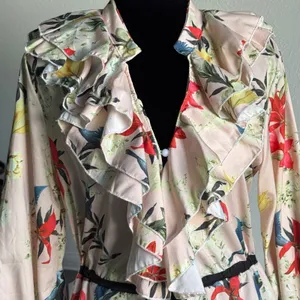 Women's Floral Print Ruffle Long Robe Duster Kimono Beach Cover-Up Tie Belt thumbnail 2