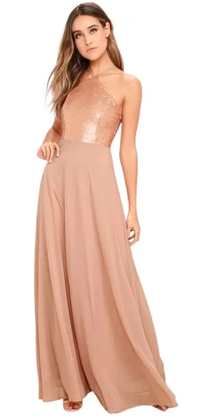 Lulus The Best Part Matte Gold Sequin Maxi Dress size Small NWT thumbnail 1