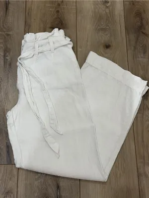 White High-Rise Tie-Waist Wide-Leg Linen Pants thumbnail 3