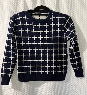 Yishion Navy and White Womens Crew Neck Crop Sweater Size Small thumbnail 1