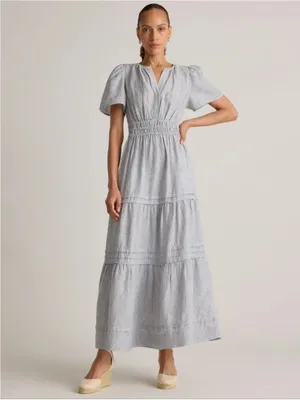 Quince 100% European Linen Tiered Maxi Dress Blue Pinstripe thumbnail 2