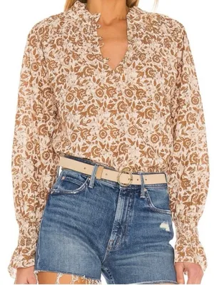 Cleobella Reza Blouse Peasant Tamil Block Print Floral Cotton Boho Brown Ivory thumbnail 1