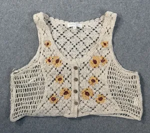 REBELLION again Women's Medium Crochet Vest Beige Sunflower Button Front Boho thumbnail 1