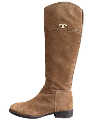 Tory Burch Wembley Suede Riding Boots Tan Tobacco Brown Gold Logo Size 8 thumbnail 1