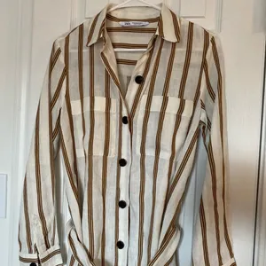 ZARA boho cream tan striped linen buttoned belted collared shirt midi dress XS thumbnail 6