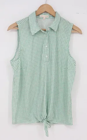 Eden & Olivia Sleeveless Top Womens M Gingham Green Tie-Front Good thumbnail 1