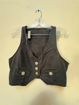 Y2K Style Washed Black Military Vest Medium Cropped Gold Button Utility thumbnail 5