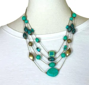 Chico’s Women’s Necklace Earrings Set Multi Strand Turquoise Gold 12” Length thumbnail 1
