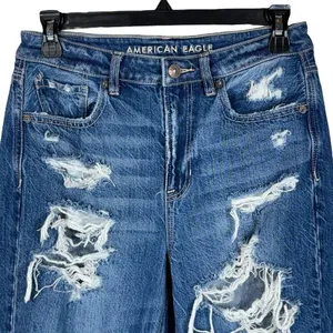 American Eagle SZ 4 Mom Jeans Hi-Rise Distressed Rips Zip-Fly Whiskered Blue thumbnail 2