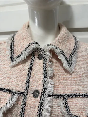 Veronica Beard Cotton Blend Pale Pink Tweed Fringed Blazer with Gray Trim S XS thumbnail 4