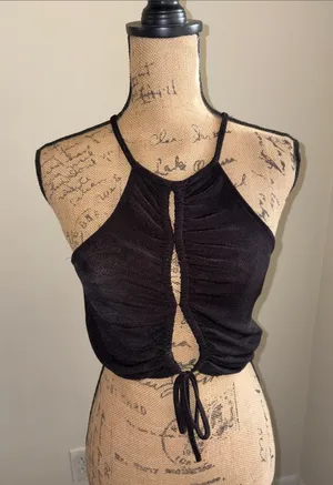 Forever 21 Black Ruched Halter Crop Top with Front Tie thumbnail 1