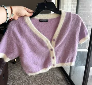 SHEIN Lavender Cropped Fuzzy Eyelash V-Neck Cardigan with Cream Trim thumbnail 1