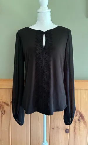 White House Black Market Black Long Sheer Sleeve Keyhole Blouse with Trim M NWT thumbnail 1