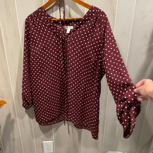 Cute maroon polka dot skinny tie waist Motherhood Maternity tunic blouse work thumbnail 7