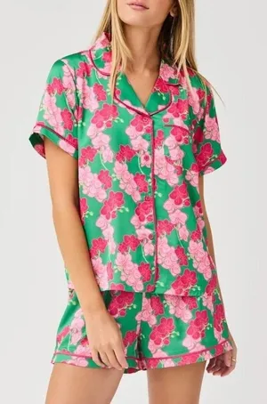 Mary Square XL Pajama Set Short Charlotte Satin Shorts Top Orchid Reverie Green thumbnail 1