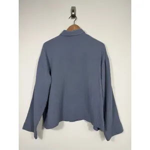 H&M Blue Cotton Gauze Button Front Shirt Oversized Pocket Medium thumbnail 2