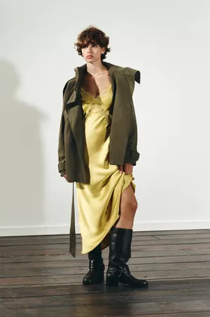 Zara Lace-Trim Slip Satin Maxi Dress in Mustard Chartreuse Yellow thumbnail 14