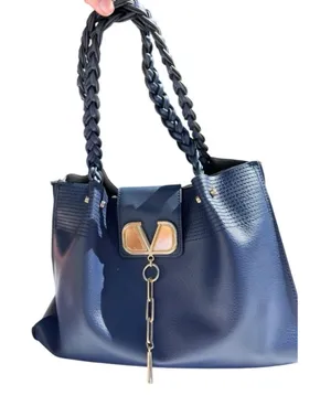 Navy Blue Triple Compartment‎ Tote Bag Classic Elegant Braided Handles Gold Logo thumbnail 1