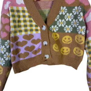 Debut Quirky Patchwork Cropped Cardigan Womens XS Brown Pink Retro Indie Whimsy thumbnail 5