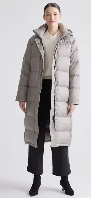 QUINCE Responsible Down Long Puffer Jacket Stone Taupe Color Sz Large thumbnail 1