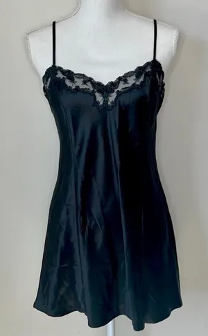 Victoria’s Secret Vintage 1990’s black silk slip dress mini dress floral lace thumbnail 1