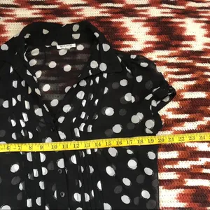 Y2K Office Siren Preppy Vixen Black White Polka Dot Corset Fit Sheer Blouse Shirt Top Button Up Down Short Sleeve blouse #whimsi #gothic #whimsygoth Size 8 - Measurement in pics thumbnail 6