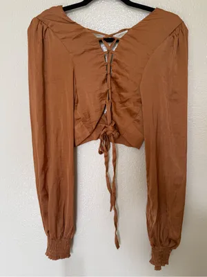 Windsor Rust Brown Satin Crop Top Medium Lace Up Back Balloon Sleeve Fall Boho thumbnail 7