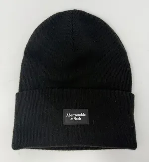 Abercrombie & Fitch Logo Patch Knit Beanie Hat Black Ribbed Women One Size thumbnail 1